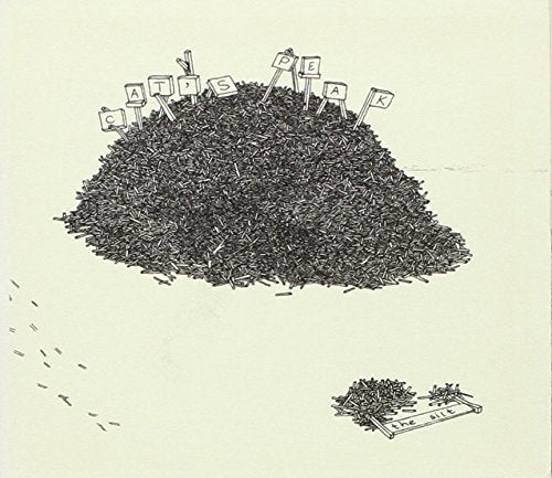 A pile of cigarette butts with lettered signs spelling "CATS PEAK" on a beige background.