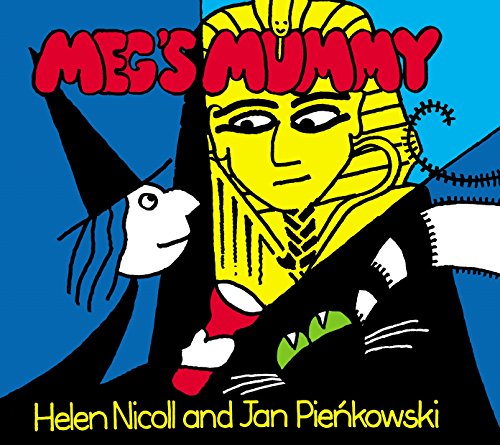 "Book cover featuring a cartoon witch and a yellow mummy against a blue background."