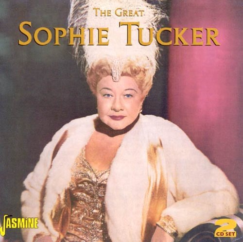 "Sophie Tucker's CD cover featuring a portrait of her in a white feathered headdress."