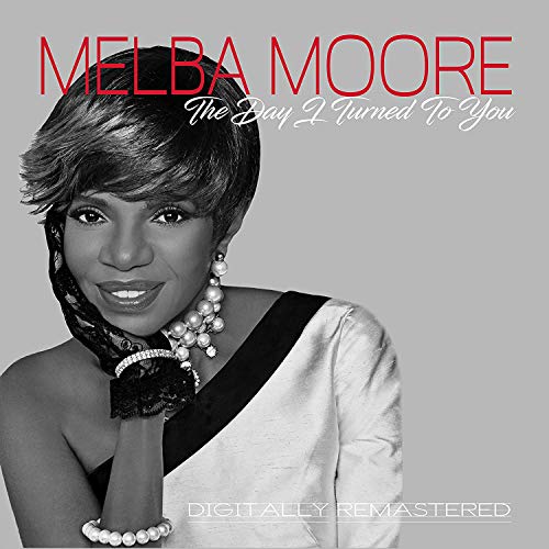 Black and white album cover featuring Melba Moore with pearl jewelry, red and white text.
