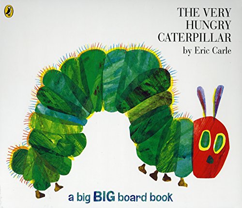 "Children's book cover featuring a colorful illustration of a green caterpillar with a red head."
