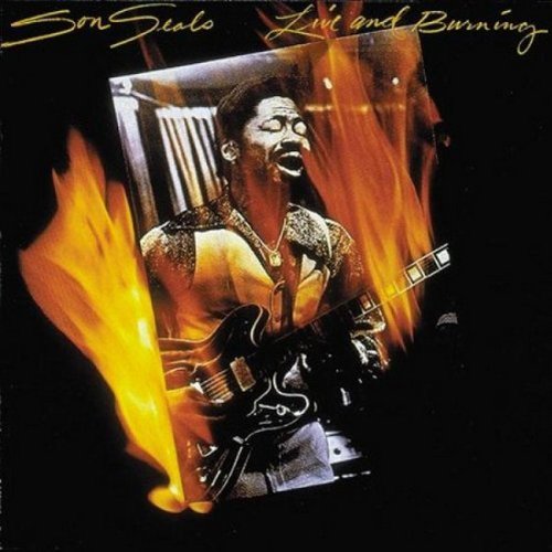 Album cover with man playing guitar surrounded by flames, against a black background.