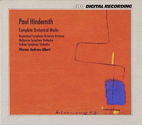 CD cover with orange background, abstract shapes, and black text listing Paul Hindemith's orchestral works.