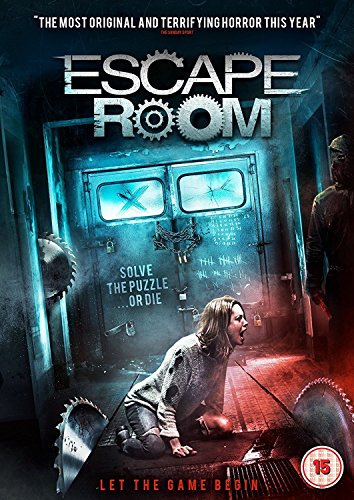 "Escape Room DVD cover featuring a woman in a dimly lit, ominous room with machinery."