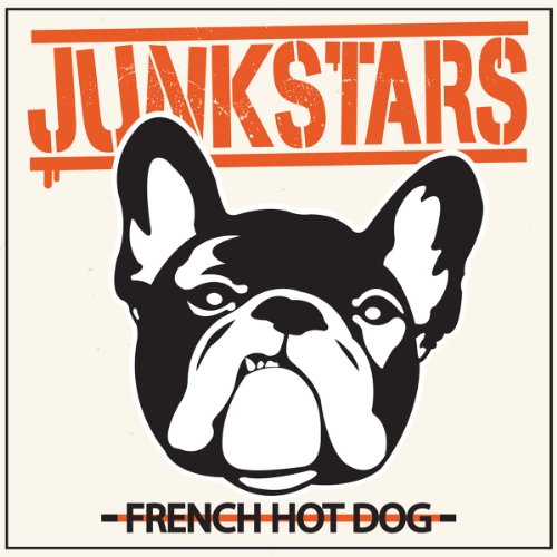 The alt text for the image is: "Black and white French bulldog face on a vinyl album cover."