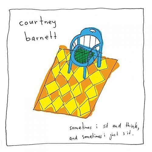 The alt text for the image is: "Album cover with a blue chair on a checkered rug."