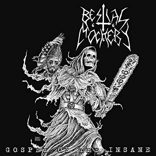 "Black album cover with white illustration of skeleton figure holding a chainsaw."