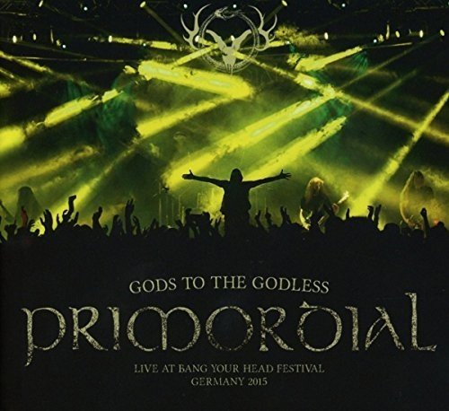"Album cover with silhouetted crowd and stage lit by yellow lights, featuring 'Primordial' in gold."