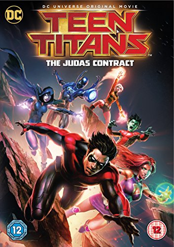 "Teen Titans: The Judas Contract DVD cover featuring animated characters in dynamic poses."