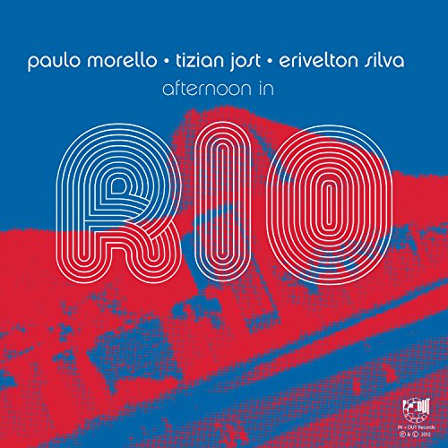 "Album cover with 'RIO' in large, outlined letters on a blue and red background."