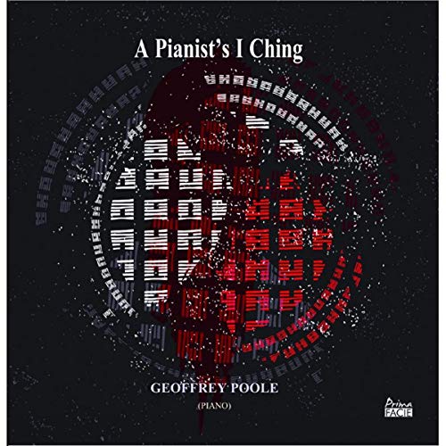 "Album cover with black background, red and white musical notes in a circular pattern."