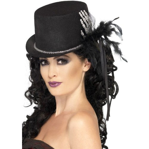 Smiffys Top Hat with Skeleton Hand Feathers and Ribbons - Black