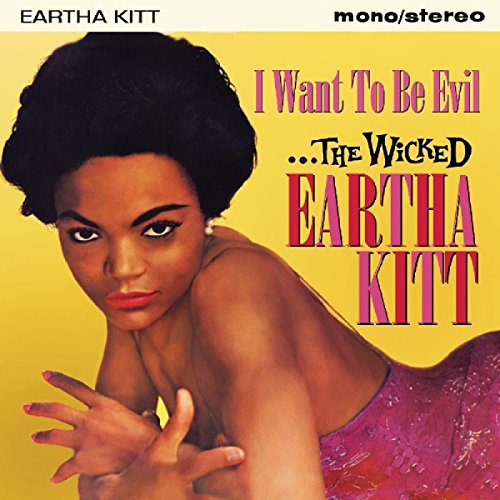 Eartha Kitt album cover featuring a woman in a pink dress against a yellow background.