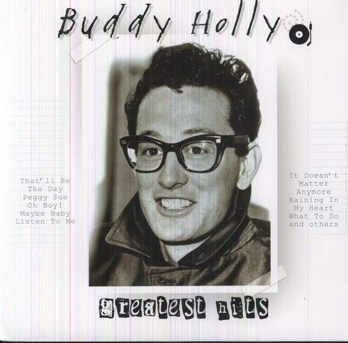 Black and white photo of Buddy Holly on vinyl album cover with song titles.
