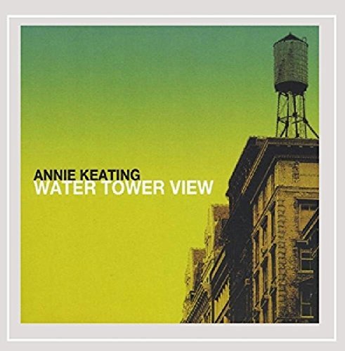 "Album cover with a building and water tower against a yellow-green gradient background."