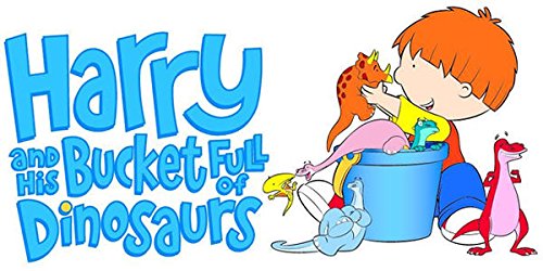 "Cartoon boy with orange hair holding a dinosaur, surrounded by dinosaurs and a blue bucket."