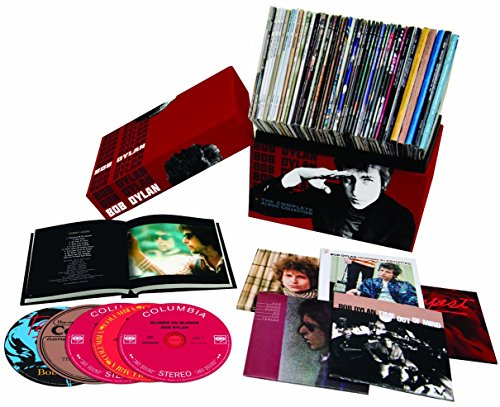 Red box set with Bob Dylan's image and name, containing his complete album collection.