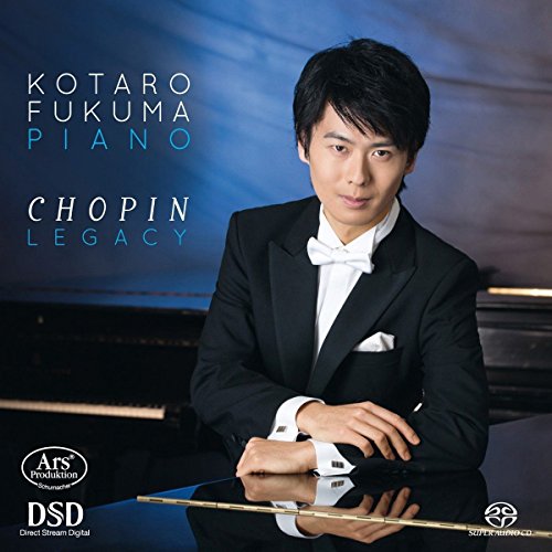Man in tuxedo sitting at piano with text "Kotaro Fukuma Piano Chopin Legacy" on blue background.