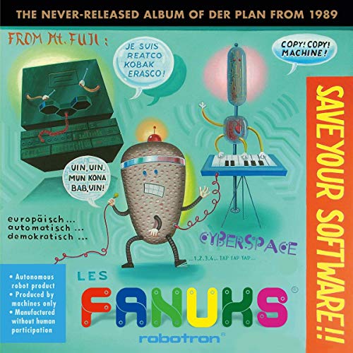 "Album cover with cartoon robot and keyboard, 'LES FANUKS robotron' text, on a green background."