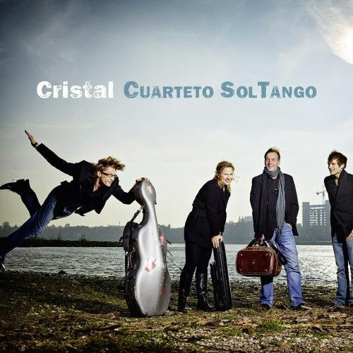 "CD cover featuring four men outdoors, one leaping, with a violin case."