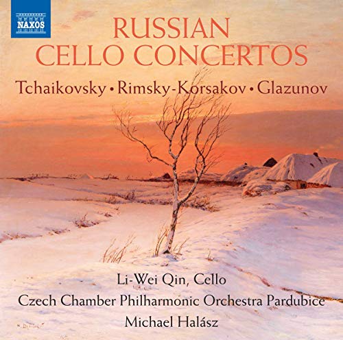 "Album cover with snowy landscape, red title 'Russian Cello Concertos', and artist names."