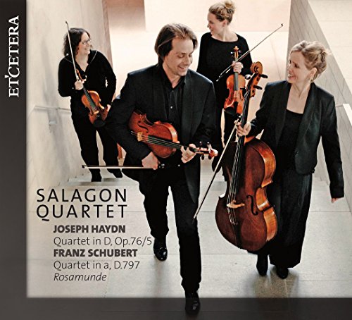 "CD cover featuring the Salagon Quartet musicians in black walking down a stairway."