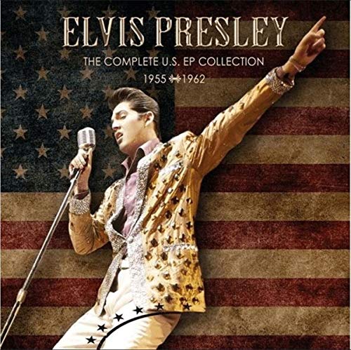 "CD cover featuring Elvis Presley singing into a microphone against an American flag background."