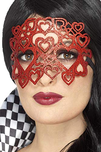 A woman wears a red glittery heart-patterned eye mask, covering her eyes.