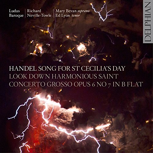 "CD cover with dark stormy sky, lightning, and white text describing Handel's musical compositions."