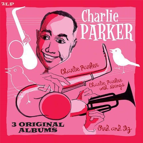 "Pink album cover featuring an illustrated portrait of Charlie Parker holding a saxophone."