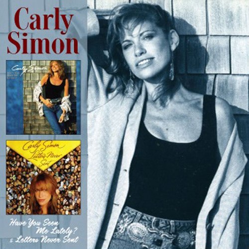 "Carly Simon album cover with black-and-white portrait and smaller inset album covers."