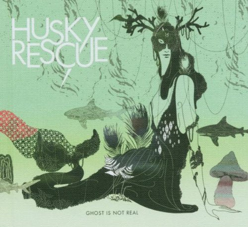 "Album cover with illustration of a person surrounded by sea creatures on a green background."