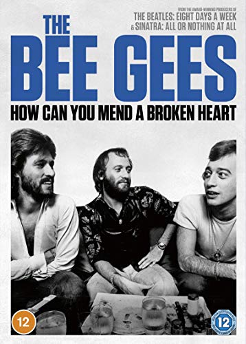 "Bee Gees DVD cover featuring a black and white image of three men sitting together."