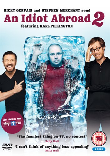 DVD cover featuring a man frozen in ice, flanked by Ricky Gervais and Stephen Merchant.