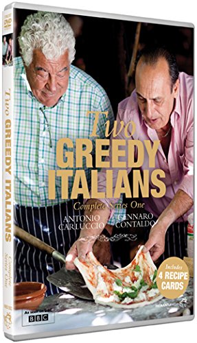 DVD case with "Two Greedy Italians" title and chefs preparing pizza on the cover.