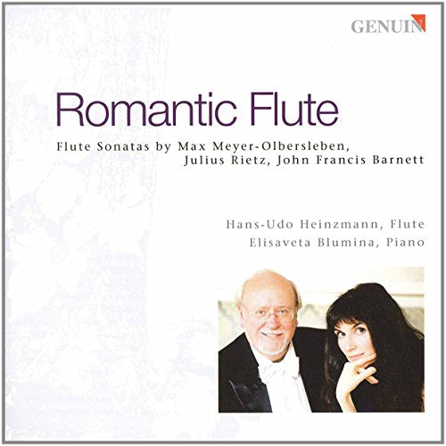 "CD cover with 'Romantic Flute' title, featuring a man and woman."