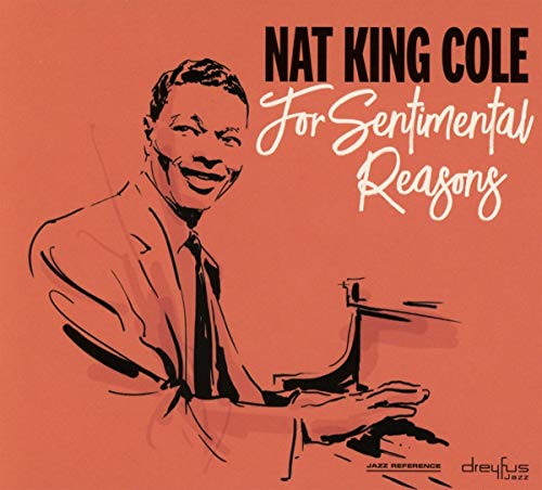 "Nat King Cole CD cover featuring a sketch of him playing piano, orange background."