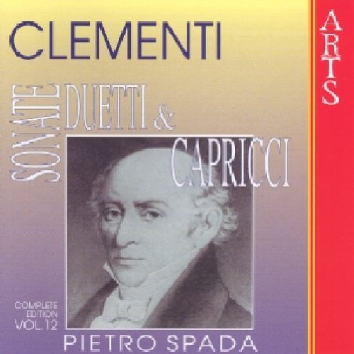The image is an album cover for a classical music recording, featuring a portrait of a man and text that reads "Clementi" and "Pietro Spada." The cover has a gradient background that transitions from yellow at the top to purple at the bottom. * **Title and Artist** * The title of the album is "Clementi: Sonate Duetti & Capricci." * The artist is Pietro Spada. * **Portrait** *