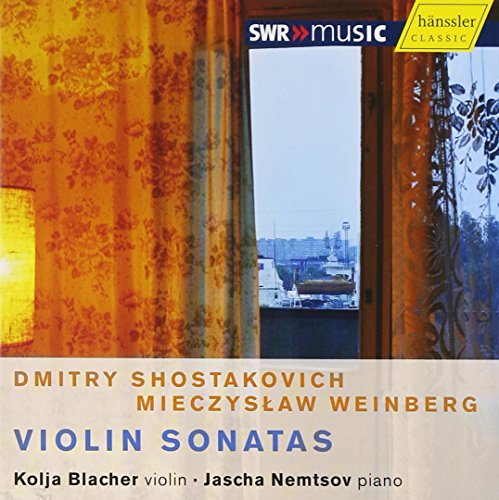 "CD cover with window view, featuring 'Violin Sonatas' by Shostakovich and Weinberg."