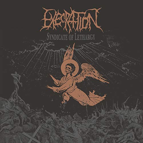 Dark album cover with angel illustration, orange and gray tones, and text "Execration" and "Syndicate of Lethargy".