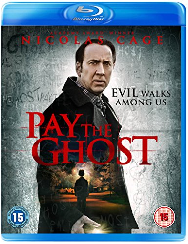 "Blu-ray case with 'Pay the Ghost' cover featuring Nicolas Cage, with a grey background."