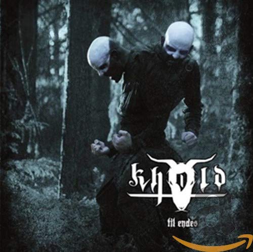 "Album cover with two figures in black, bald, and masked in a dark forest."