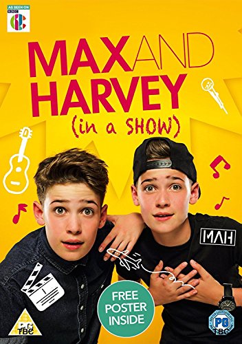 "Two young boys in black shirts on a yellow DVD cover with music graphics."