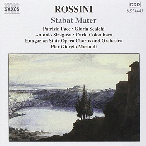 "CD cover featuring a serene landscape painting with 'ROSSINI Stabat Mater' text."