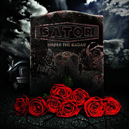 "Vinyl record cover with tombstone, red roses, and dark cloudy background."