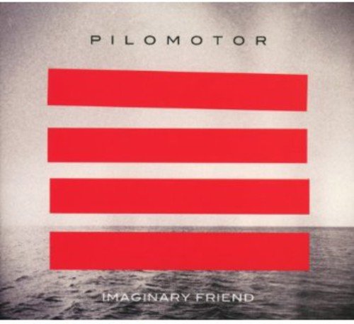 "Album cover with 'Pilomotor' and 'Imaginary Friend' text, four red rectangles, and a water background."