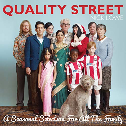 "Album cover featuring a diverse family group with a dog, against a blue background."