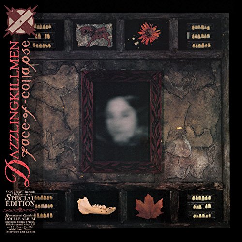 The image is a vinyl album cover for "Dazzling Killmen - Face of Collapse". Alt text: A dark, blurry portrait in a wooden frame, surrounded by various objects.