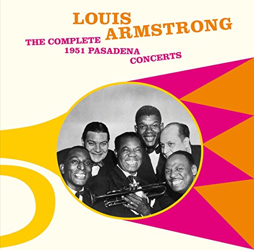"Album cover with Louis Armstrong and band, abstract shapes, and text on beige background."