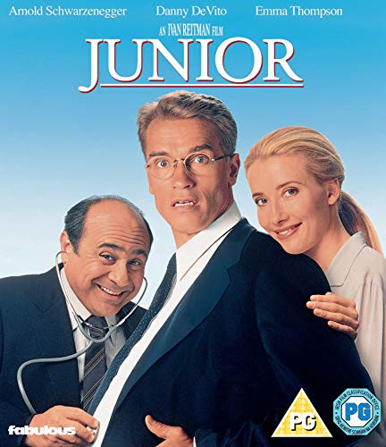 "Movie cover for 'Junior' featuring three main actors against a blue background."